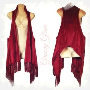 GROOVY GLAM Handmade Maroon Red Plush Open Waterfall Vest w/Fringe